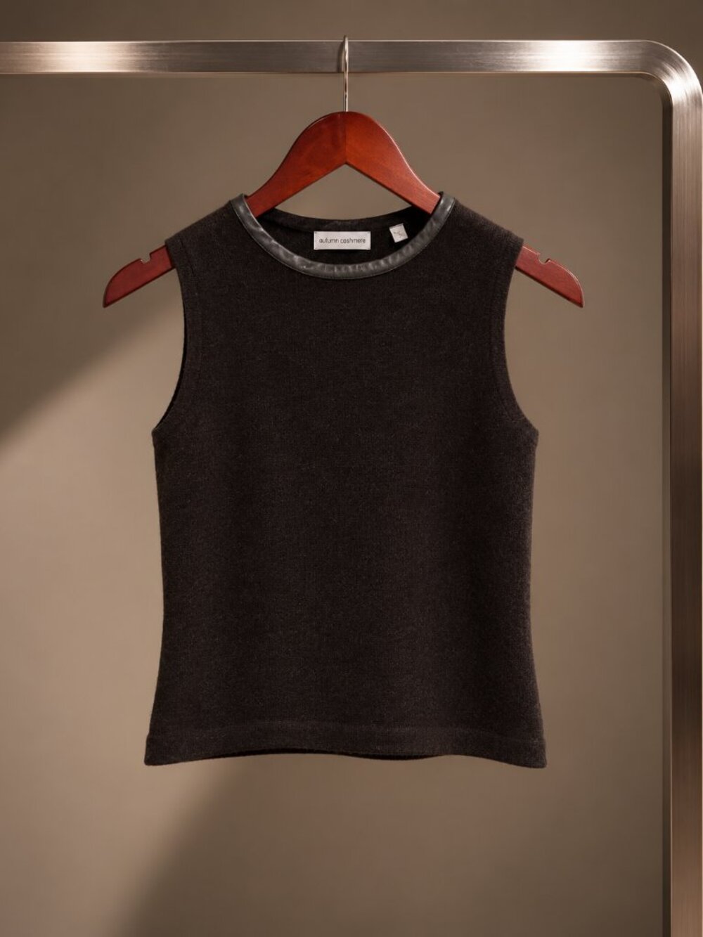 Autumn Cashmere Y2K Dark Brown Cashmere Sleeveless Shell Leather Trim Keyhole S